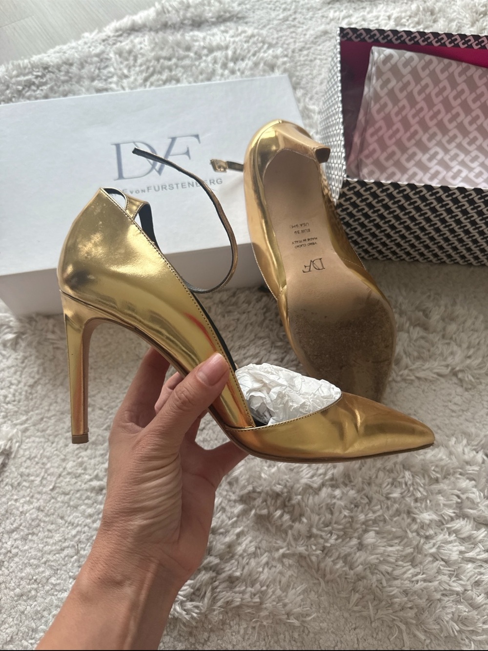 Diane Von Furstenberg Metallic Gold Pointed Toe Stiletto Pumps